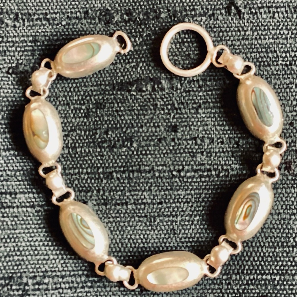 🪸 ABALONE STERLING SILVER BRACELET DISTRESSED ORGANIC GEM Mexico BEAUTY Vintage